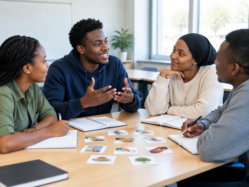 Students practicing a conversation in a language classroom